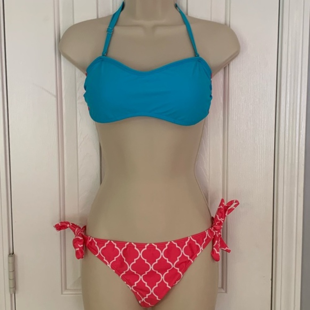 Turquoise Bandeau Top & Coral Tile-Print Tie-Side Bikini Bottoms